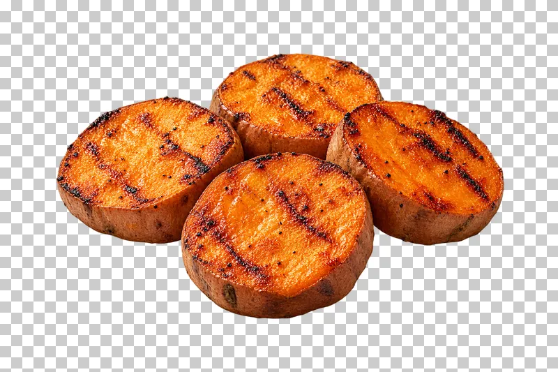 Four thick grilled sweet-potato rounds with orange interiors and thin skin rims.