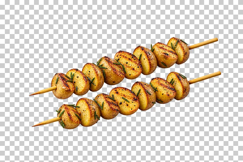Two complete wooden skewers threaded with grilled skin-on baby potato halves and attached rosemary.