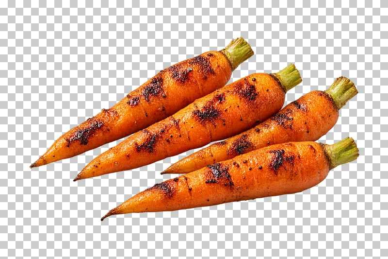 Four charred small carrots with tapered roots and short trimmed stem ends.