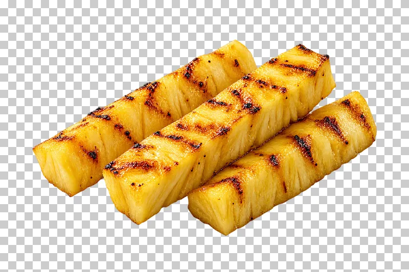 Three rindless grilled pineapple spears with fibrous yellow flesh and caramelized lines.