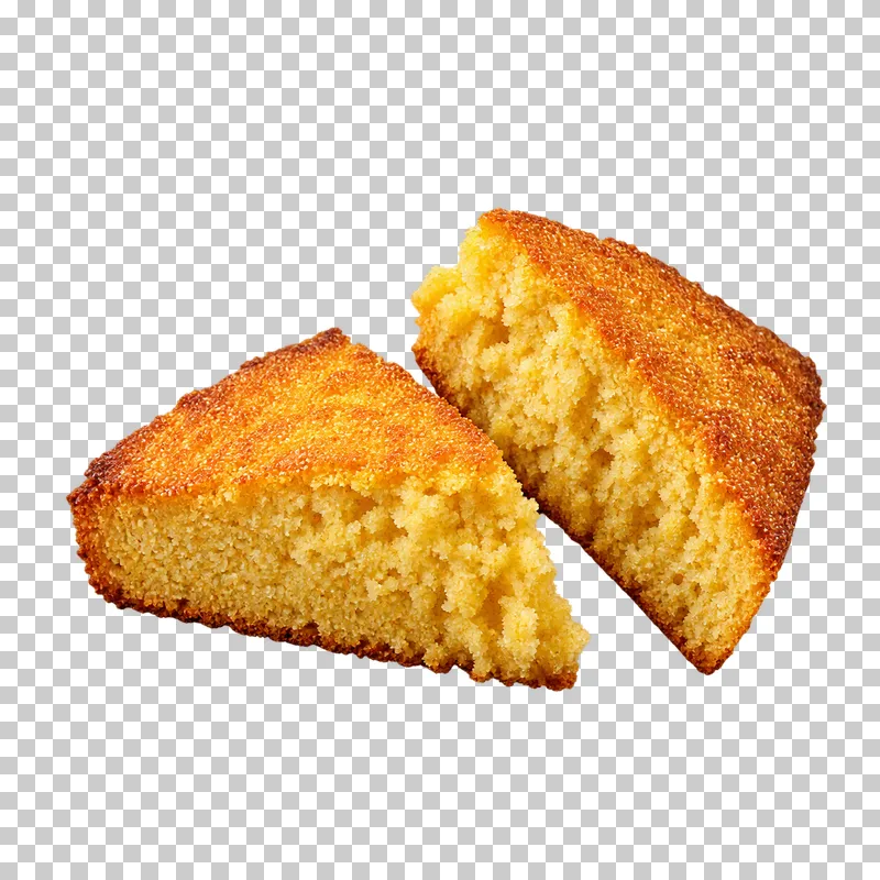 Two golden cornbread wedges, one showing a broken edge and tender yellow crumb.