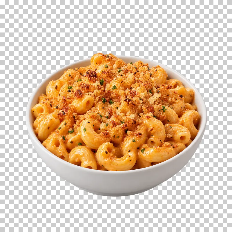 A low white bowl of elbow macaroni in plant-based orange sauce with a crisp breadcrumb topping.