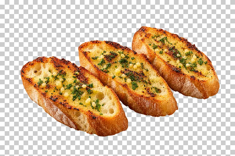 Three grilled baguette slices brushed with olive oil, garlic and parsley.