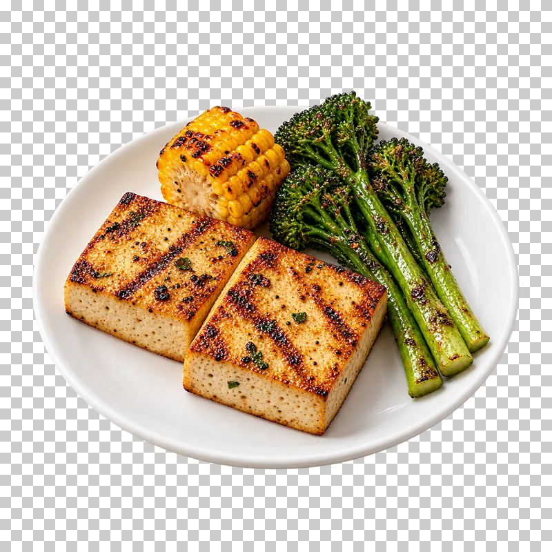 A plain white plate with grilled tofu slabs, a short corn cob and broccolini.