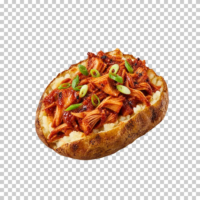 A split baked potato loaded with barbecue jackfruit and a restrained scallion garnish.