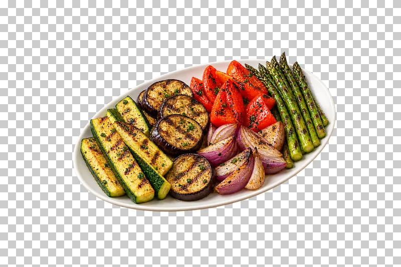 A white oval platter of grilled zucchini, eggplant, red pepper, red onion and asparagus.