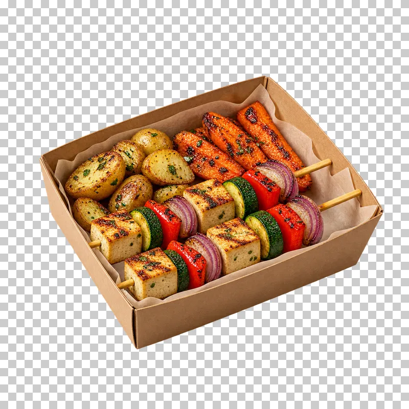 An open plain kraft meal box with two short tofu-vegetable skewers, baby potato halves and charred carrots.
