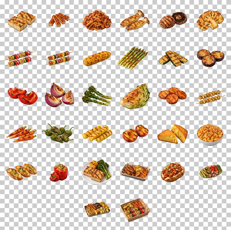 Plant-Based Barbecue and Grilled Food Photo PNG Collection: all 32 elements in one grid