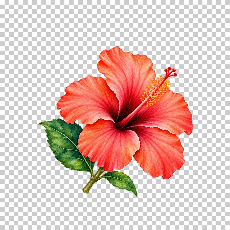 Coral hibiscus bloom with a long staminal column and small green leaves in watercolor.