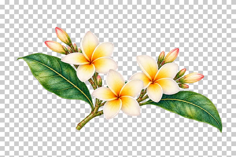 Three ivory plumeria flowers with yellow centers, buds and leaves on a forked watercolor twig.