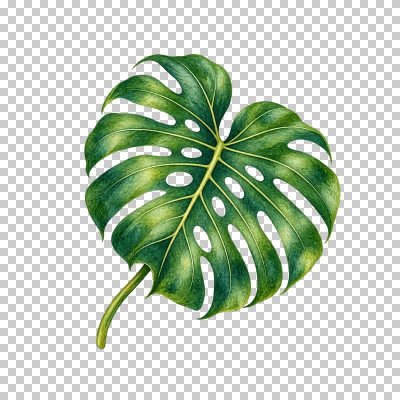 Green monstera leaf with open interior holes, split edges and a curved stalk in watercolor.
