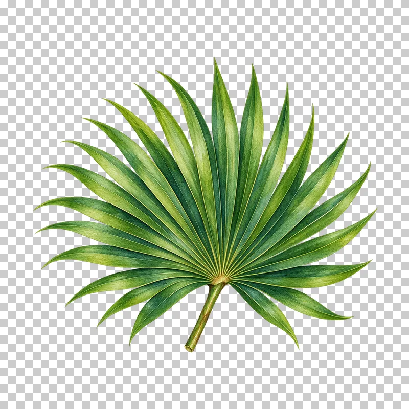 Fresh green radial fan palm leaf with separated pointed segments in watercolor.