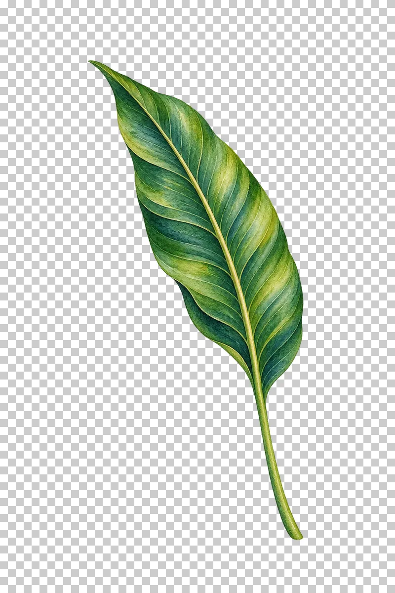 Narrow upright bird-of-paradise leaf with a long stalk in watercolor.