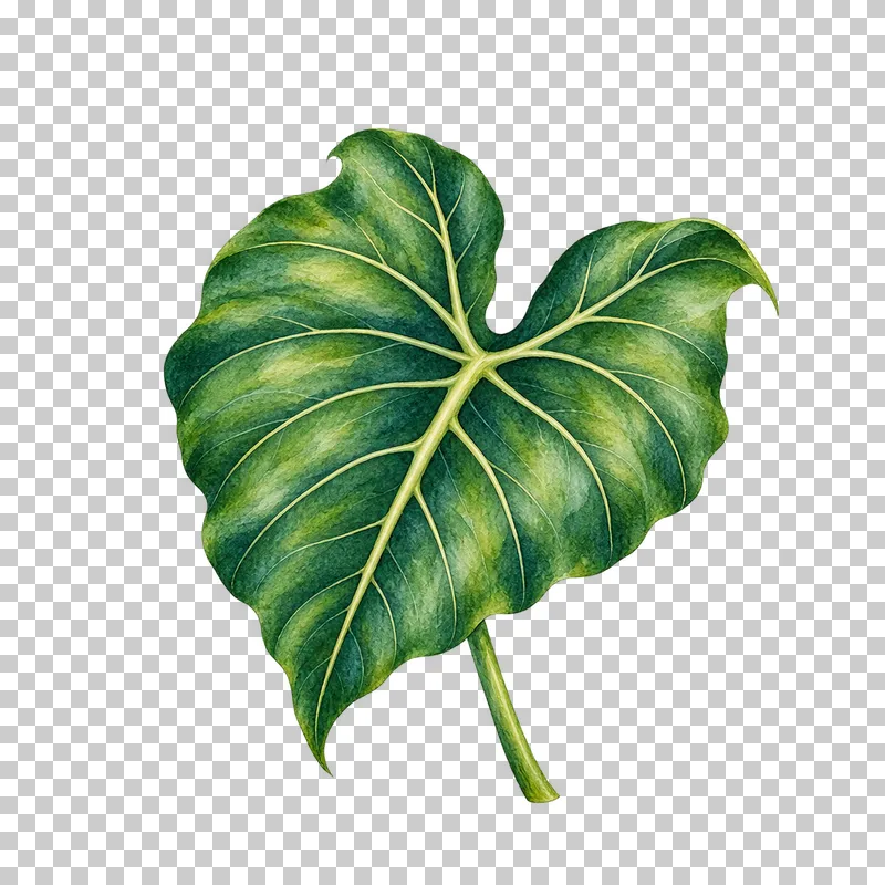 Broad green elephant-ear leaf with pale branching veins in watercolor.