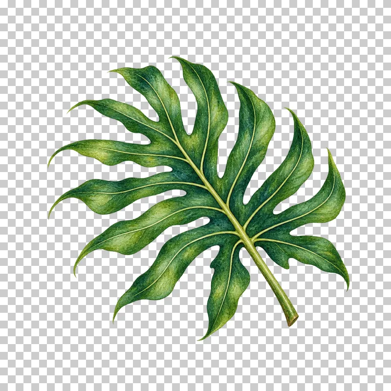 Deeply lobed green philodendron leaf and curved stalk in watercolor.