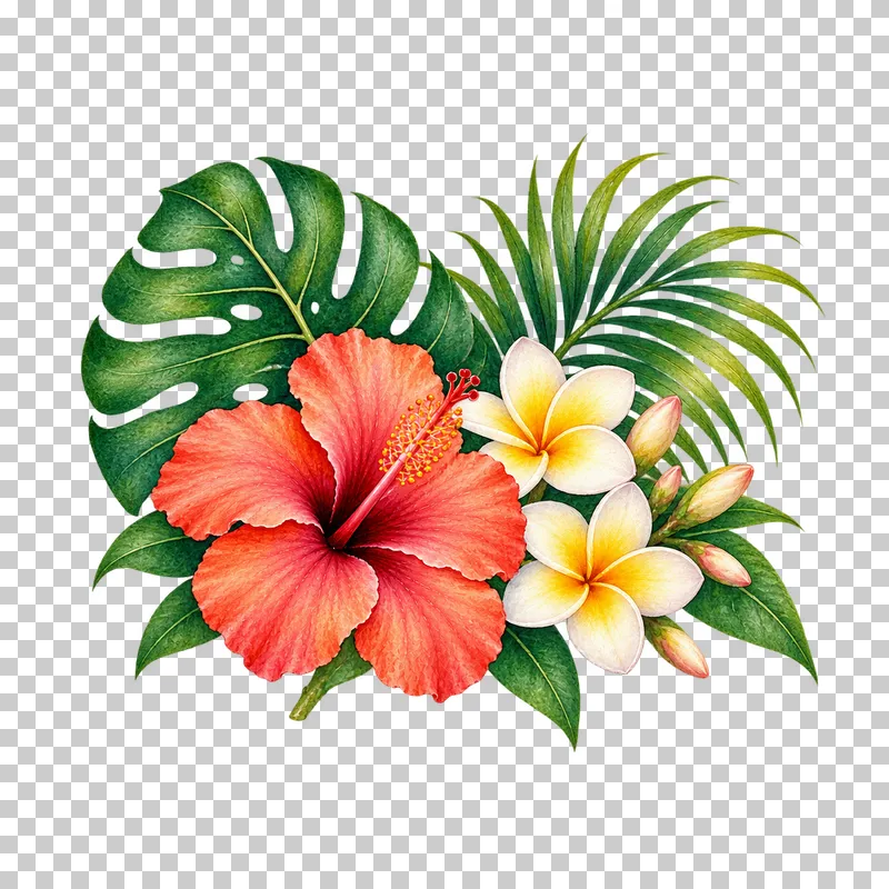 Compact coral hibiscus and ivory plumeria cluster with tropical green leaves in watercolor.