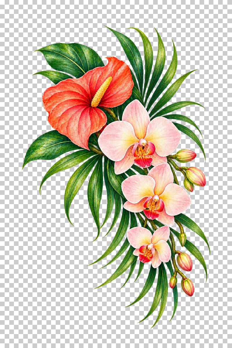 Cascading pale orchid and coral anthurium arrangement with narrow tropical leaves in watercolor.