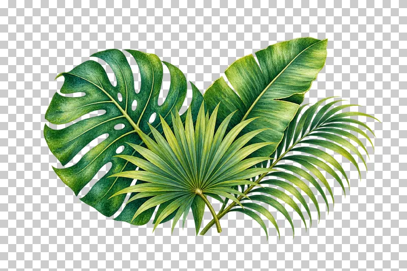 Flower-free cluster of broad tropical leaves, fan palm and areca foliage in watercolor.