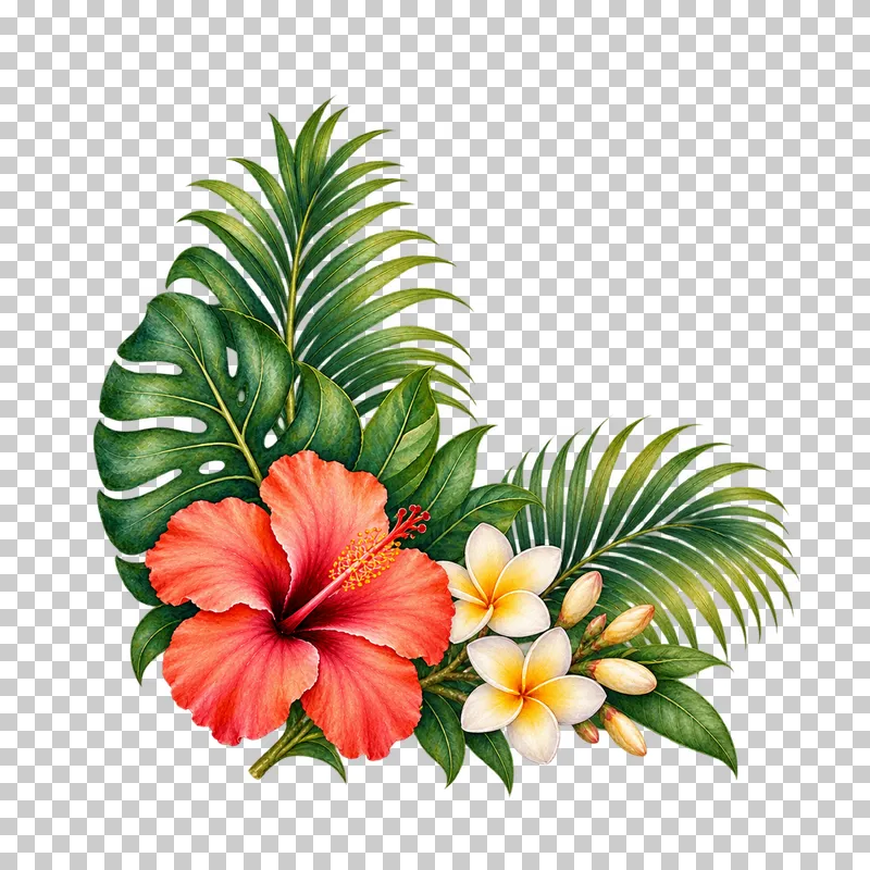 Lower-left corner of coral hibiscus, ivory plumeria and unequal leafy arms in watercolor.