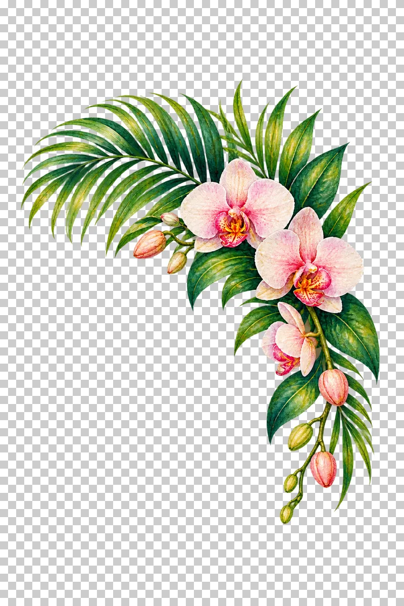 Upper-right corner of pale orchids and thin hanging areca branches in watercolor.