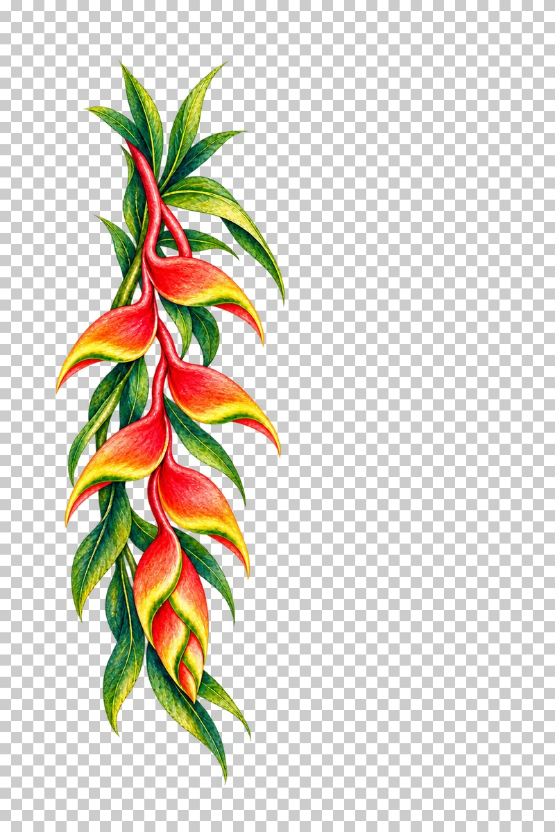 Slender descending red heliconia and green leaf border along the left side in watercolor.