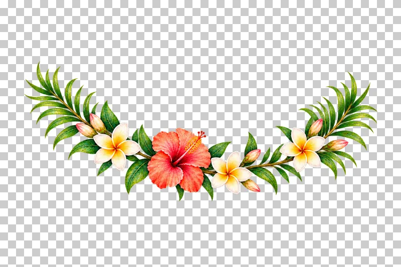 Shallow curved swag of coral hibiscus, ivory plumeria and tapering areca fronds in watercolor.