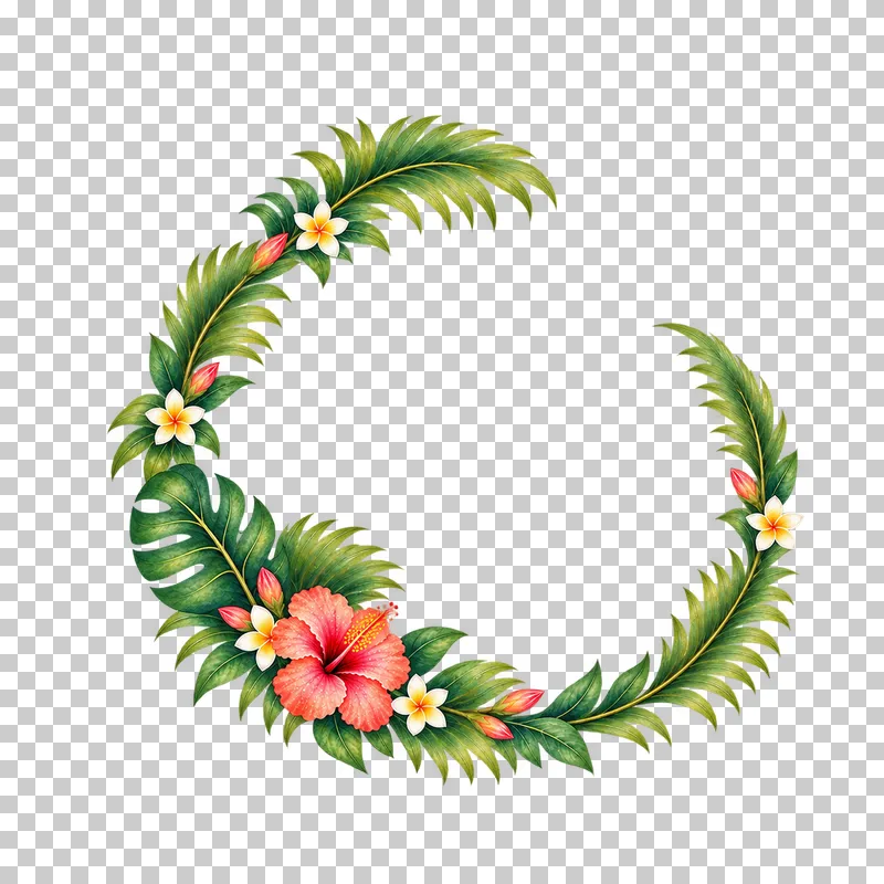 Open round tropical wreath with a lower hibiscus cluster, plumeria and green leaves in watercolor.