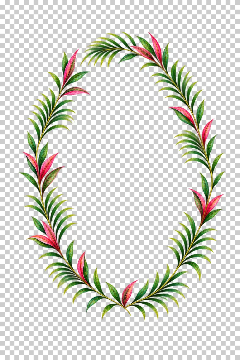 Tall oval wreath of green palm fronds and burgundy cordyline leaves in watercolor.