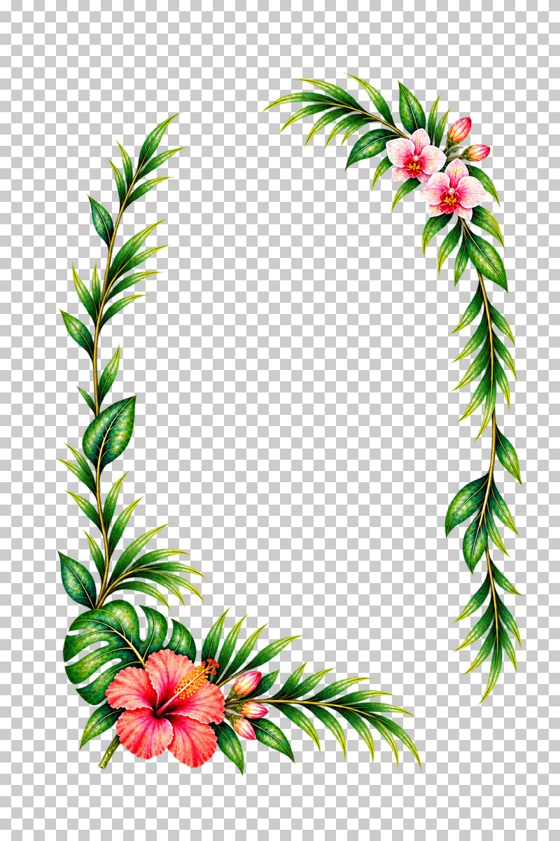 Asymmetric portrait frame with lower-left hibiscus and monstera and upper-right pale orchids in watercolor.