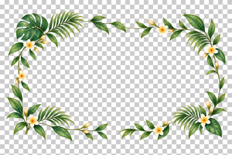 Wide rectangular frame of green tropical leaves and small ivory plumeria flowers in watercolor.