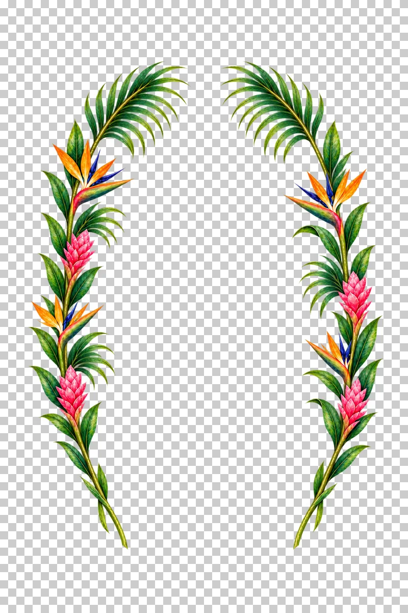 Open-bottom horseshoe arch of palm, orange bird-of-paradise flowers and pink ginger in watercolor.