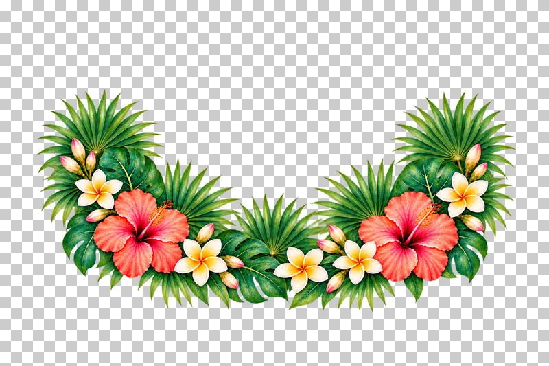 Low crescent of coral hibiscus, ivory plumeria, radial fan palms and perforated green leaves in watercolor.
