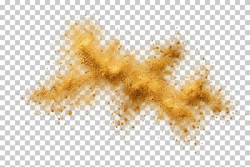 An irregular cloud of fine warm gold powder with scattered grains and transparent gaps.