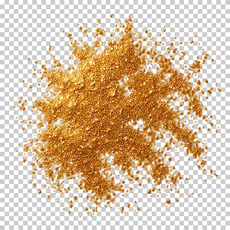 A dense irregular gold glitter spill with ragged holes and scattered edge grains.