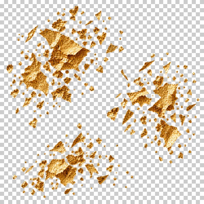 Separated clusters of thin irregular torn gold gilding chips.