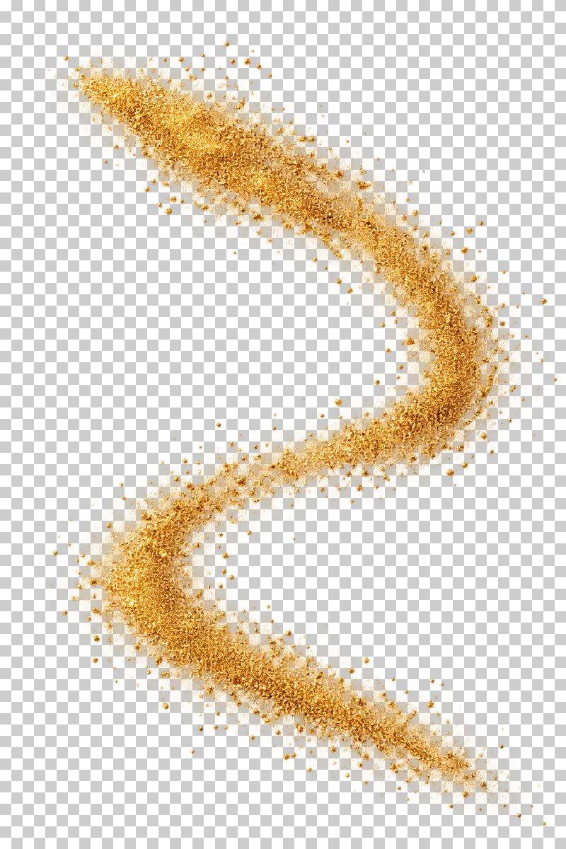 A tall S-shaped stream of fine warm gold powder.