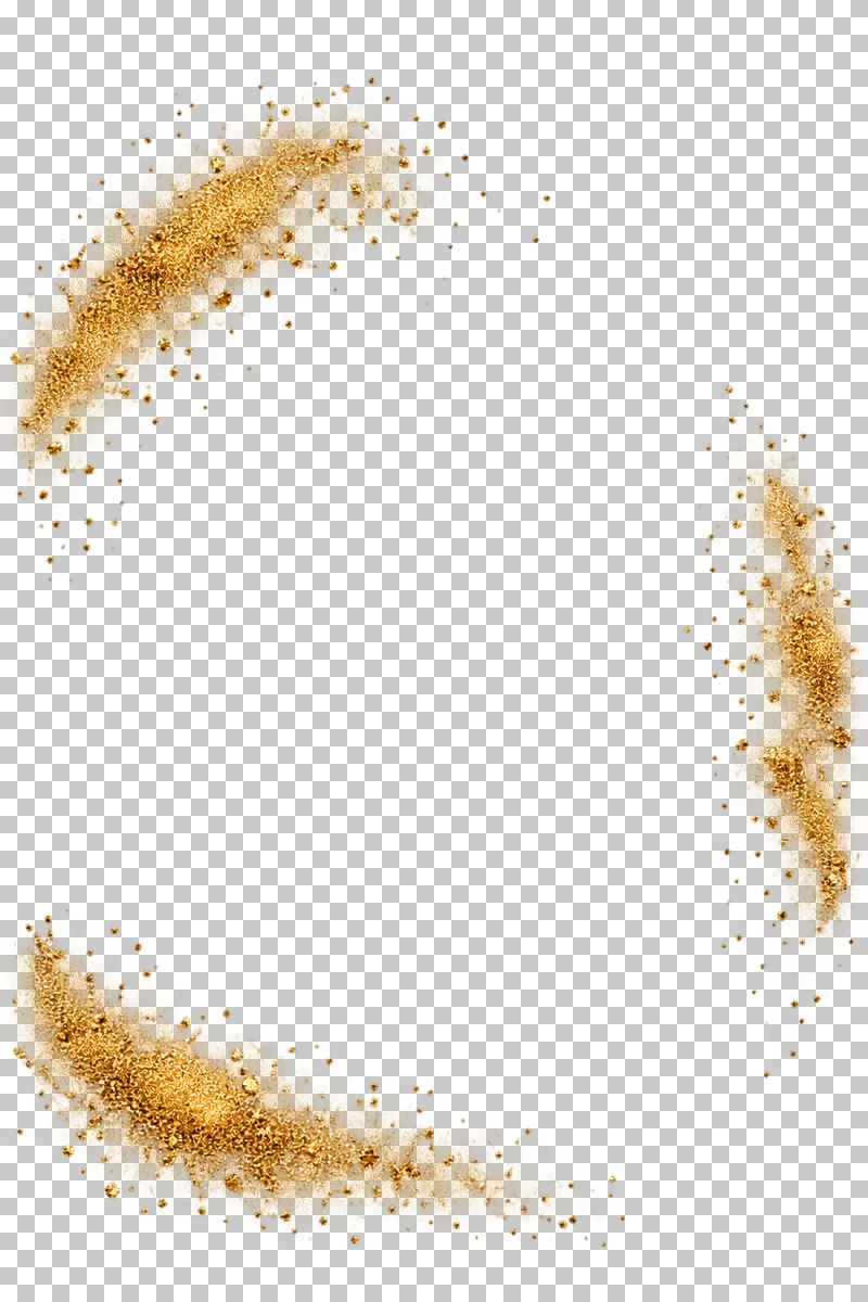 Three unequal gold particle clusters surrounding an irregular tall opening.