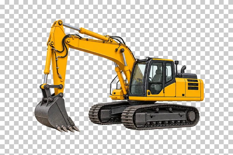 A yellow tracked excavator with a digging bucket, glazed empty cab and two crawler tracks.