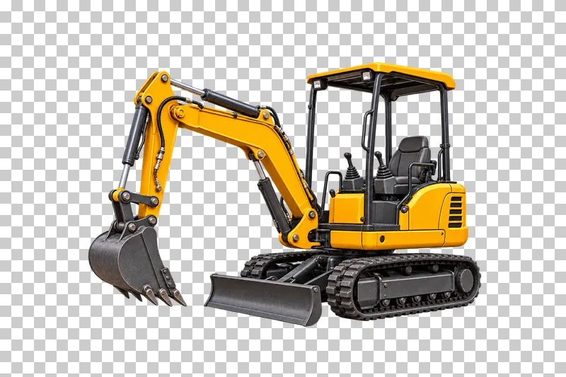 A yellow mini excavator with an open canopy, digging bucket, rubber tracks and front blade.