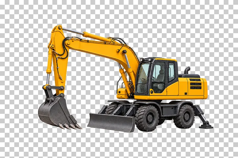 A yellow wheeled excavator with an articulated digging arm, bucket, front blade and stabilizer.