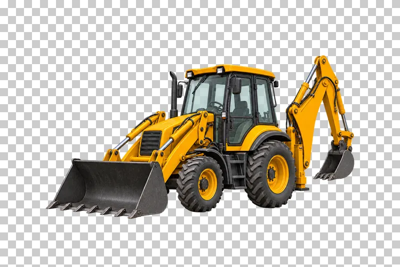 A yellow backhoe loader with a broad front bucket and a separate rear digging arm.