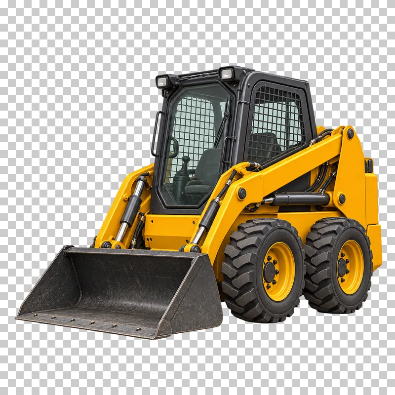 A yellow wheeled skid steer loader with a front bucket and guarded empty cab.