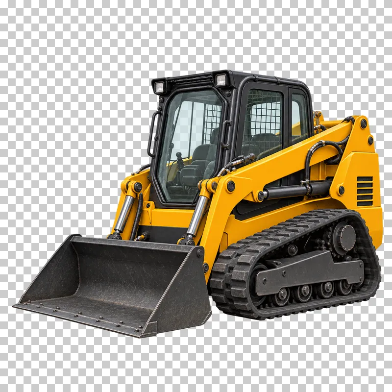 A yellow compact track loader with a front bucket, rubber crawler chassis and empty cab.
