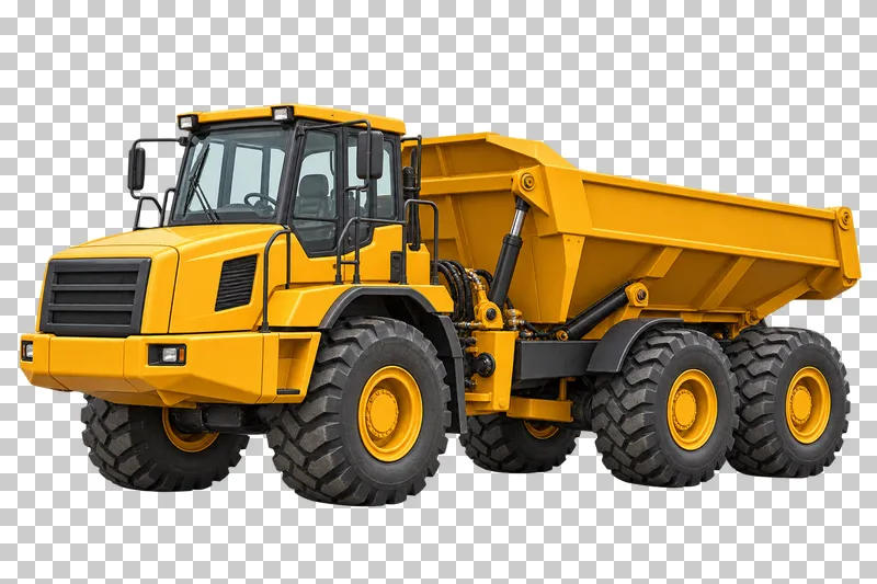 A yellow articulated off-road dump truck with a lowered rear tub.