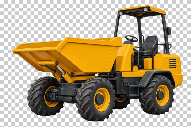 A yellow swivel-tip site dumper with a front skip and an empty open canopy station.
