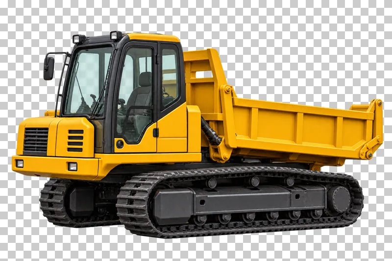 A yellow tracked site dumper with a forward cab and rear dump tub.