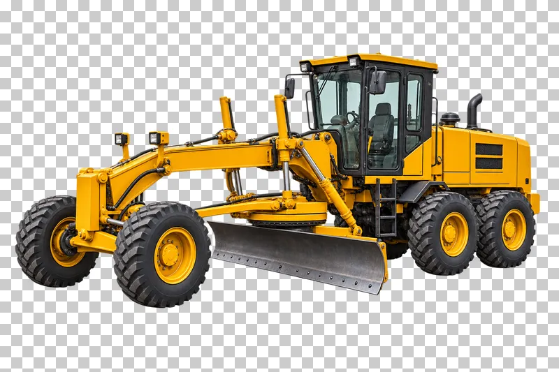 A yellow motor grader with a long chassis and curved blade beneath its center.