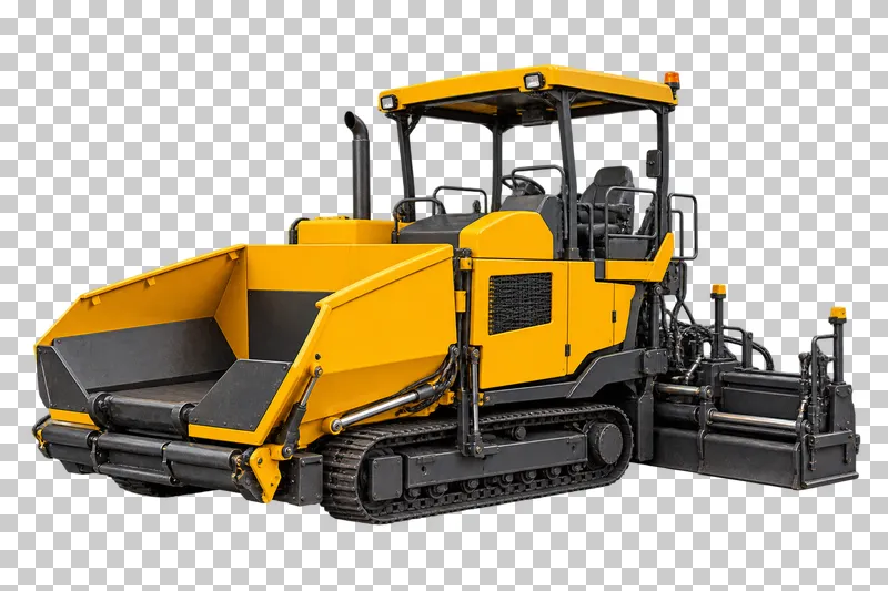A yellow tracked asphalt paver with a front hopper and rear screed.