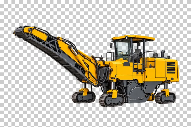 A yellow cold milling machine with a raised front conveyor and small crawler units.