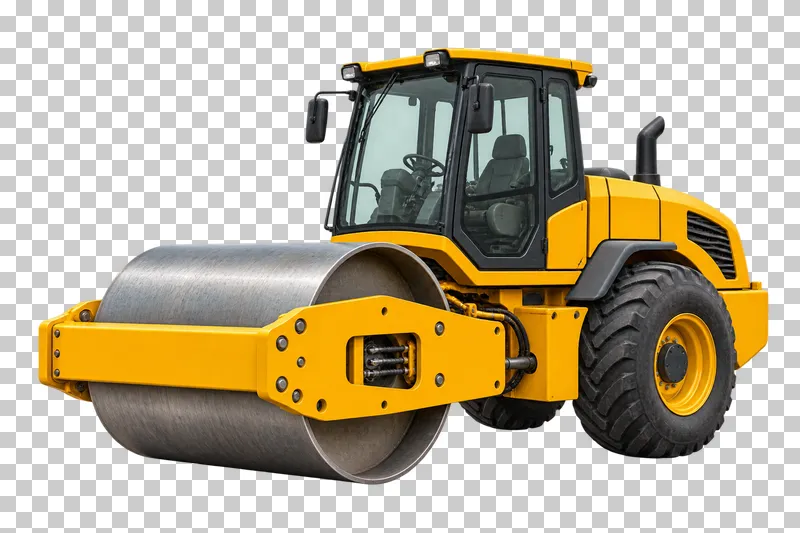 A yellow single-drum soil compactor with a wide steel front drum and rear tires.